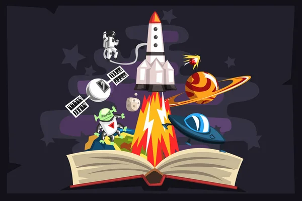 Livro aberto com foguete, astronauta, planetas, estrelas, nave espacial UFO e alienígena dentro, conceito de imaginação — Vetor de Stock