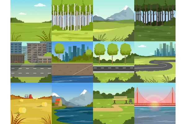 Différents paysages naturels d'été ensemble, scènes de ville, parc, champ, montagne, route, rivière et pont — Image vectorielle