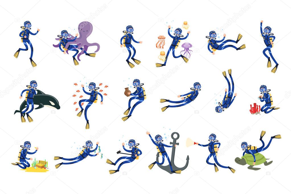 Diving and snorkeling set, diver in underwater swimming in mask snorkel and fins vector Illustrations