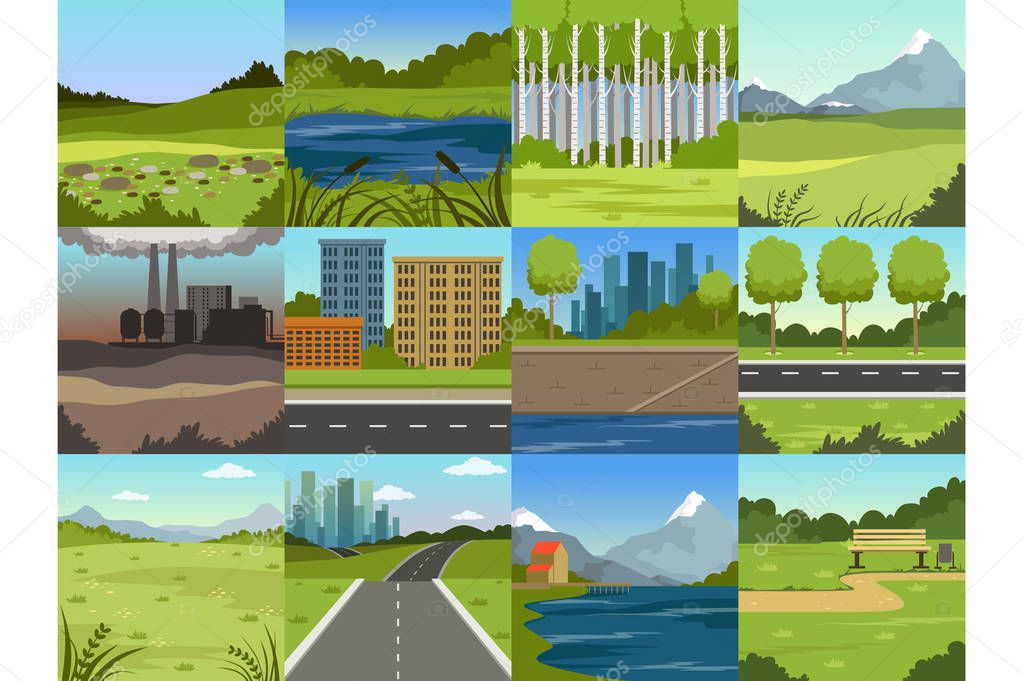 Different natural summer landscapes set, scenes of city, factory, forest, field, hills, road, river and lake