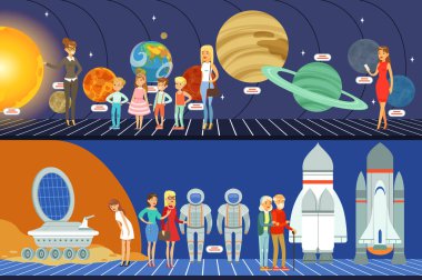 İnsanlar planetaryum hazır, yenilik eğitim Müzesi yatay çizimler vektör