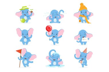 Sevimli fil karakter kümesi, komik bebek fil farklı pozlar ve durumlarda vektör çizimler