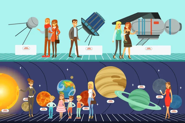 Mensen in het planetarium instellen, innovatie onderwijs museum horizontale vector illustraties — Stockvector