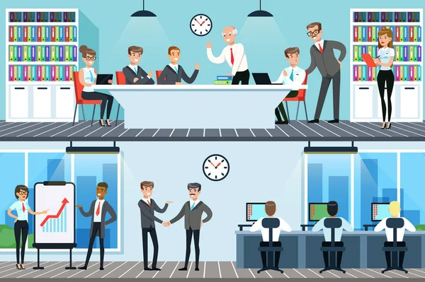 Geschäftsleute, die im Büro arbeiten, Männer und Frauen bei Konferenzen und Treffen für geschäftliche Zusammenarbeit horizontale Vektorillustrationen — Stockvektor
