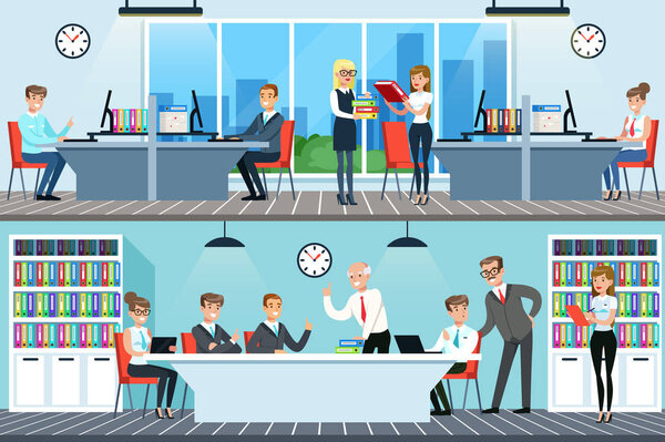 Gente de negocios trabajando en conjunto de oficina, hombres y mujeres teniendo conferencia y reunión para la colaboración empresarial vector horizontal ilustraciones — Vector de stock