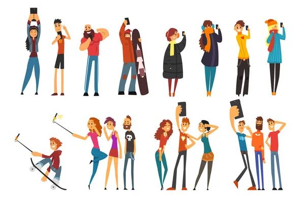 Orang bahagia yang berbeda mengambil foto foto selfie vector Illustrations - Stok Vektor