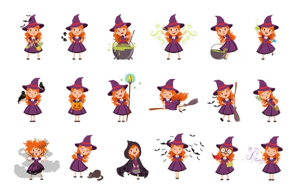 Conjunto de bruxas menina vestindo vestido roxo e chapéu — Vetor de Stock