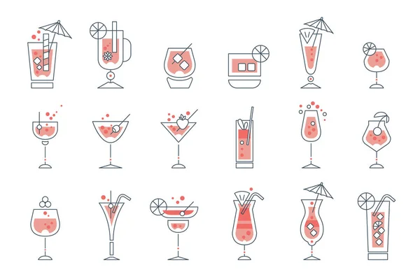 Conjunto Cocktails Alcoólicos Linha Coleção Bebidas Bebidas Diferentes Copos Copos —  Vetores de Stock