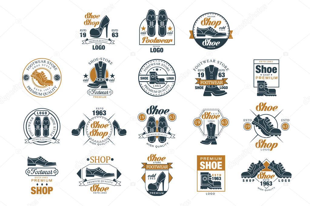 Footwear store logo set, shoe style premium quality estd 1963 vector Illustrations isolated on a white background