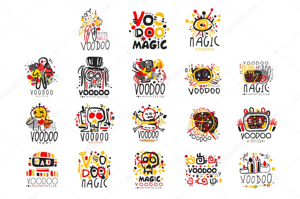 Voodoo African and American magic label design set with skulls, dolls, needles. Spiritual, magical, cultural symbols. Traditional religion. Hand drawn mystical vector illustration isolated on white.