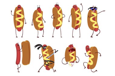 Komik karikatür sosisli sandviç karakter eylem kümesi. Fast food kavramı. Düz vektör çizim