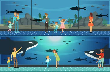 İnsanlar vektör çizimler, deniz hayvanları ile sualtı sahne izlerken çocuklar ebeveynleriyle oceanarium kümesini ziyaret