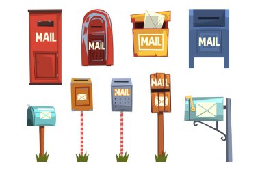 Posta kutuları kümesi, vintage postbox karikatür vektör çizimler