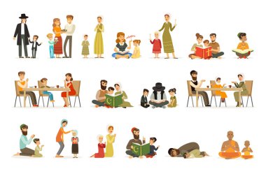 Vektör düz insanların karakterleri farklı dinlerin ayarlayın. Yahudiler, Katolikler, Müslümanlar, Budistler. Dua, kutsal kitapları ulusal kostüm ailelerde tatilleri kutlama.