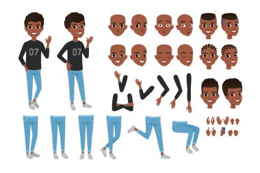 Teenager character constructor. Black boy s separate parts of body, different face expressions and haircuts. Isolated flat vector design clipart