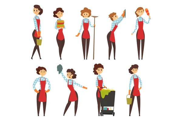 Жіночий професійний чистий набір, команда клірингової компанії мультфільм Векторні ілюстрації — стоковий вектор
