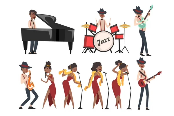 Set vettoriale piatto di personaggi di artisti jazz isolati sul bianco. Uomo nero che suona batteria, pianoforte a coda, chitarra elettrica e sassofono. Donna cantante in pose diverse — Vettoriale Stock
