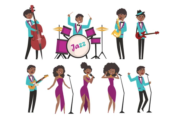 Seriefigurer jazzartister sjungit och spelat på musikinstrument. Belgisk, trummis, saxofonist, gitarrister och sångare. Flat vektorillustration — Stock vektor