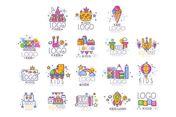 Kids line logo set. Paint palette with brush, castle, cat, rollers, rainbow with clouds, robot, cake with gifts, drawing pad and pen. Vector design — Stock Vector