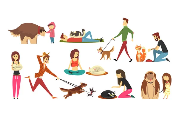 Gente feliz con su conjunto de gatos, mascotas lindas con sus propietarios vector de dibujos animados Ilustraciones — Vector de stock