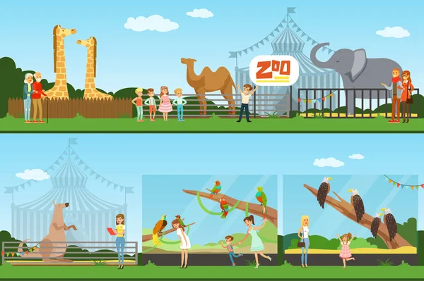 Personas que visitan un zoológico conjunto de vectores Ilustraciones, padres con niños viendo animales salvajes — Vector de stock