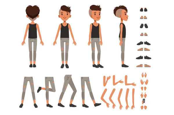 Conjunto de criação de personagem de menino, estudante construtor menino com diferentes poses, gestos, sapatos vetor Ilustrações — Vetor de Stock