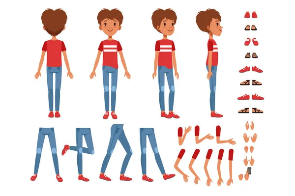 Set creazione personaggio ragazzo, carino ragazzo costruttore con diverse pose, gesti, scarpe vettoriale Illustrazioni — Vettoriale Stock
