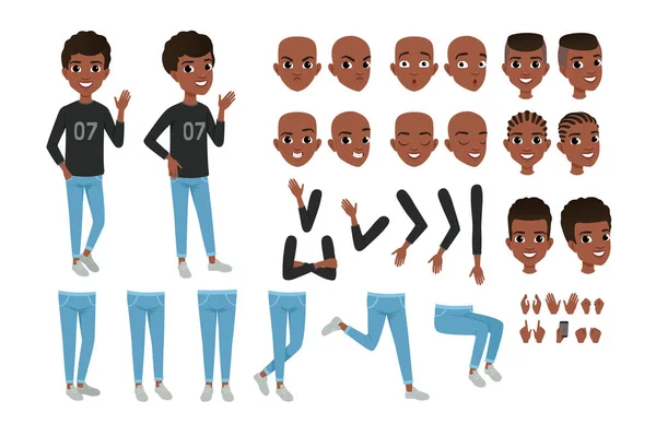 Construtor de personagens adolescentes. Black boy s partes separadas do corpo, expressões faciais diferentes e cortes de cabelo. Design de vetores planos isolados — Vetor de Stock