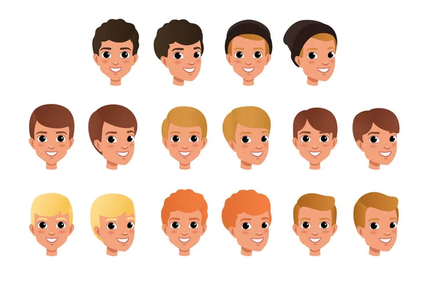 Coleção de desenhos animados de variedade de estilos de cabelo e cores do menino. Miúdo com expressão facial sorridente. Ícones de cabeça humana. Projeto vetorial plano para avatar jogo — Vetor de Stock