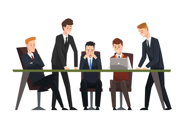 Geschäftsleute, die im Büro arbeiten. Männer in klassischen schwarzen Anzügen und Krawatten. Assistenzarbeit am Laptop. Brainstorming oder Teamwork. flache Vektorkonstruktion — Stockvektor