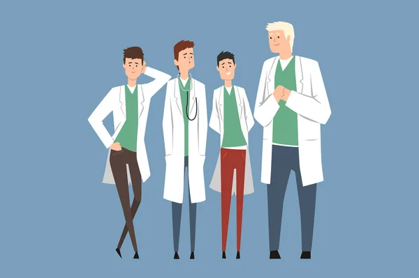 Personal médico del hospital, equipo de médicos. Hombres planos personajes en batas blancas médicas y uniforme. Trabajo en equipo. Profesionales de pie en diferentes poses. Ilustración vectorial — Archivo Imágenes Vectoriales