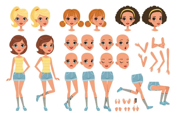 Conjunto de creación de personajes Cirl, linda chica constructora con diferentes poses, gestos, caras, peinados, vector Ilustraciones — Archivo Imágenes Vectoriales