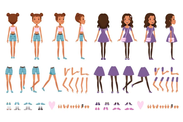 Gadis remaja konstruktor karakter, set penciptaan. Penuh panjang depan, belakang dan samping tampilan. Bagian tubuh dan koleksi sepatu. Ilustrasi vektor datar - Stok Vektor