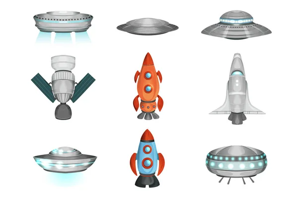 Uitgebreide collectie van ruimteschepen in vlakke stijl — Stockvector