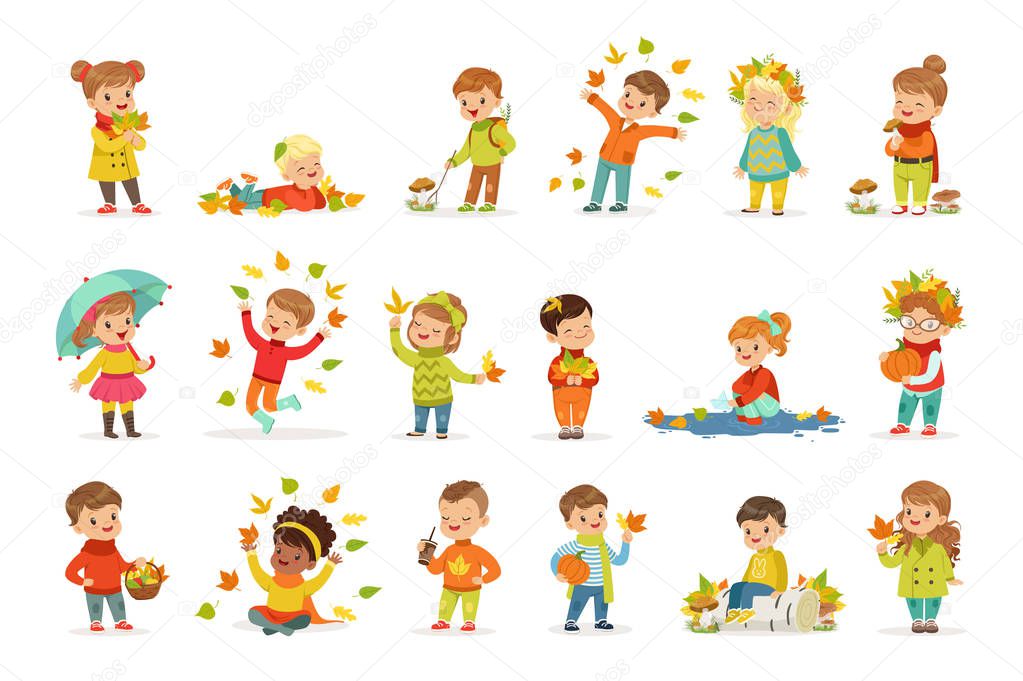 Autumn children s outdoor seasonal activities set. Collecting leaves, playing and throwing leaves, picking mushrooms, walking. Flat cartoon vector.