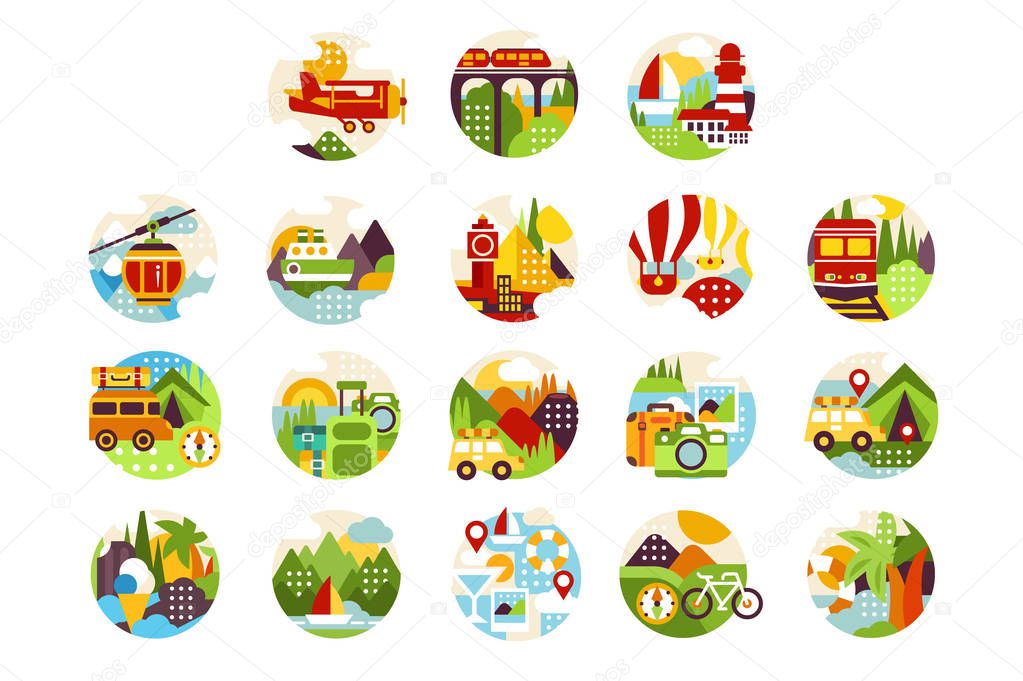 Collection of natural circle logo with landscape, city view and different types of vehicle in flat style. Colorful design elements for travel agency, infographic or label. Isolated vector illustration