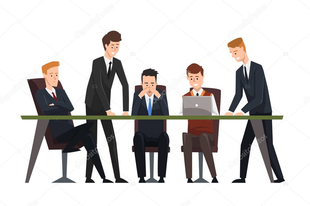 Group business people working in office. Men dressed in classic black suits and ties. Assistant work on laptop. Brainstorming or teamwork. Flat vector design