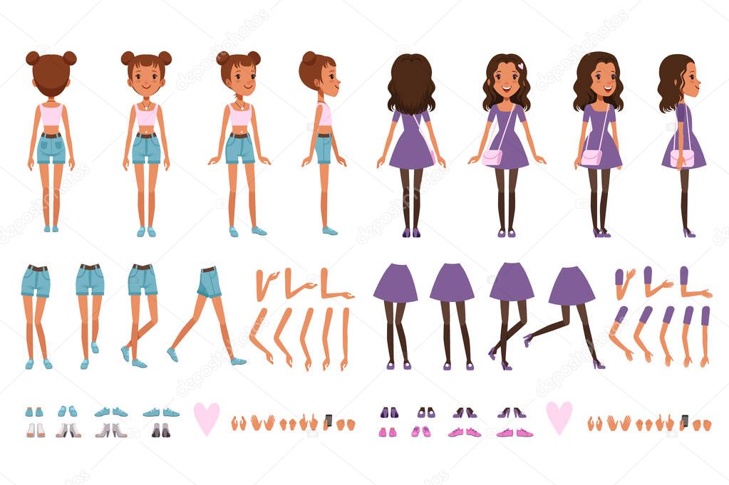 Teenager girl character constructor, creation set. Full length front, back and side view. Body parts and collection of shoes. Flat vector illustration