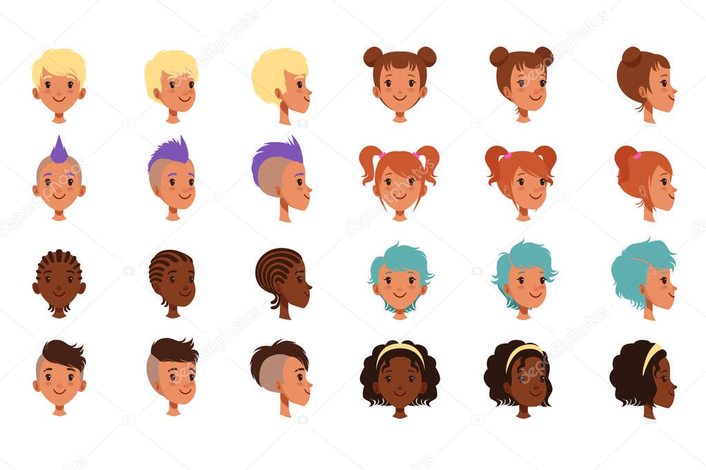 Set of vector boys head faces with different hairstyles. Punk mohawk, dreadlocks, classical and trendy hipster haircut. Front and side view. Flat design illustration isolated on white background.
