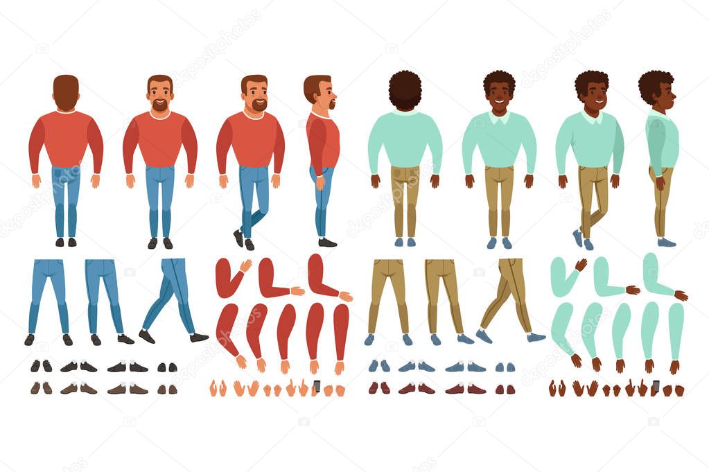 Flat vector of bearded man constructor for animation. Full length back, front and side view. Body parts arms, legs, hand gestures. Collection of shoes and sneakers