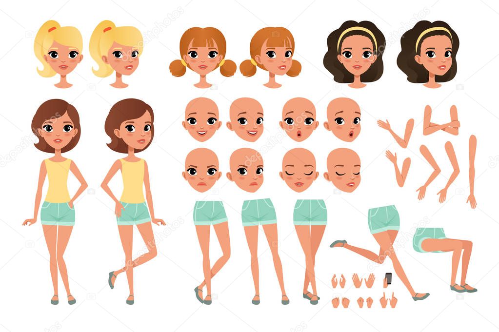 Teenager girl character creation set with various views, poses, face emotions, hands gestures and haircuts. Female character full length portrait. Isolated flat vector