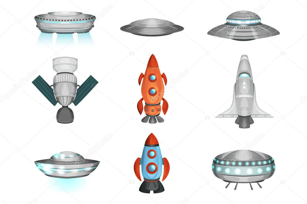 Detailed collection of spaceships in flat style