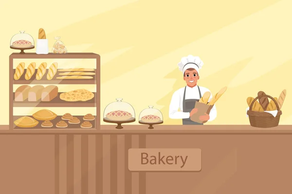 Illustrazione del panificio con il carattere del panettiere accanto a una vetrina con pasticcini. Un giovanotto dietro il bancone. Vector store sfondo con elementi di design impostati . — Vettoriale Stock