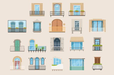 Renkli güzel balkon kümesi. Klasik, modern ve dekoratif dövme balkon. Düz vektör çizimler, mimari dış tasarım öğesi oluşturma.