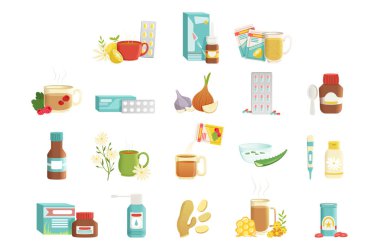 Flu icons set. Alternative and traditional treatments. Tea with raspberries, pills, onions, syrup, nose drops, drink with herbs and honey, throat spray. Flat vector clipart
