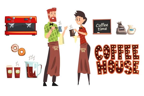 Smiling bearded man with cezve and woman barista with cup. Coffee shop workers wearing plaid shirts and aprons. Coffee maker, milk, donuts, cafe sign. Flat vector — Stock Vector