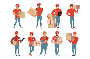 Küme posta işçileri farklı teşkil etmektedir. Kurye veya teslim Servisi. Parsel paketleri kutuları ile Men karakterleri. Neşeli insanlar kırmızı üniformalı. Düz vektör tasarımı