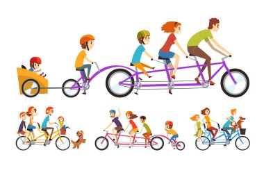 İki mutlu aile üç koltuk ve sepet ile tandem bisiklet sürme. Ebeveynlik kavramı. Rekreasyon çocuklar ile. Çizgi film insanların karakterleri. Düz vektör tasarımı