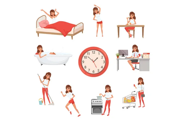 Linda chica joven en diferentes situaciones. Es de día. Despertarse, hacer ejercicios físicos, desayunar, bañarse, trabajar, limpiar la casa, cocinar y hacer compras. Vector plano — Vector de stock