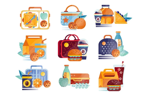 Conjunto vectorial de iconos con loncheras y bolsas con comida y bebidas. Hamburguesas, sándwiches, galletas, jugo, café, frutas. Concepto de almuerzo o desayuno. Diseño plano — Vector de stock